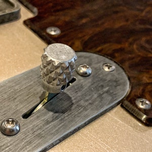 Puede incluir: Primer plano de una perilla de guitarra plateada con un patr&oacute;n texturizado en forma de diamante. La perilla est&aacute; unida a una placa plateada con tornillos.