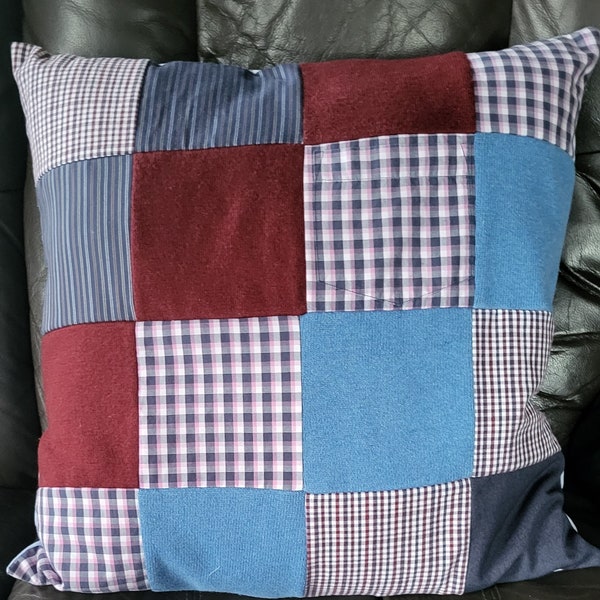 Patchwork memory cushion made from loved ones clothes, shirts jumpers ect