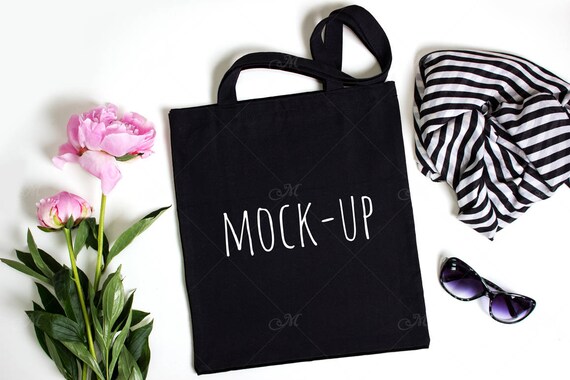 Black Tote Bag And Peony Mockup Spring Summer Themed Black Tote Bag And Peony Mockup Spring Summer Themed
