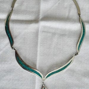 Sterling Silver Inlay Turquoise Necklace Taxco Mexico