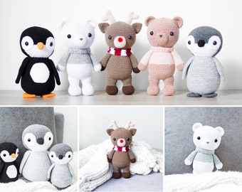 THREE CROCHET PATTERNS in English - Xander the Bear, Yves the Penguin and Zach the Reindeer - Amigurumi Toy Animal - Instant Pdf Download