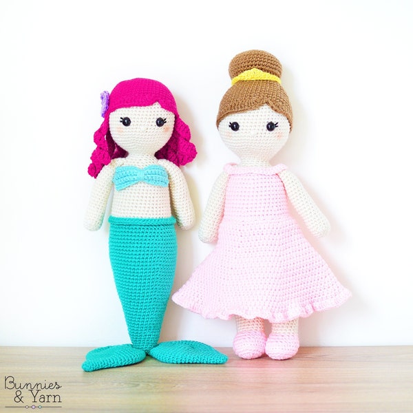 TWO CROCHET PATTERNS in English - Anna the Friendly Mermaid and Lillian the Princess Doll - 18 in./45 cm. Amigurumi - Instant Pdf Download