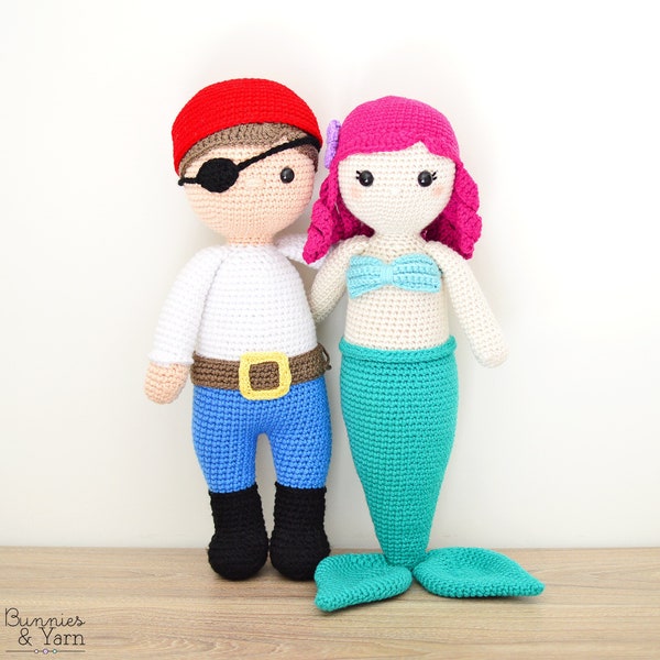 TWO CROCHET PATTERNS in English - Anna the Friendly Mermaid and Ben the Friendly Pirate - 18 in./45 cm. Amigurumi - Instant Pdf Download