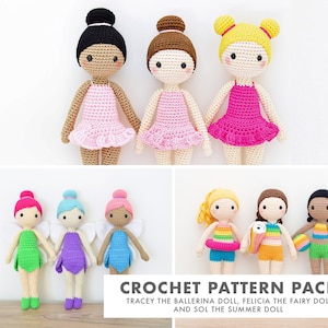 May include: Crochet pattern pack for making three dolls: a ballerina, a fairy, and a summer doll. The dolls are all different colors and have different outfits.
