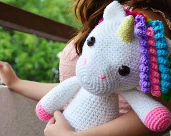 CROCHET PATTERN in English and Spanish - Mimi the Friendly Unicorn - 15"/38 cm. tall - Animal Amigurumi - Kids Toy - Instant PDF Download