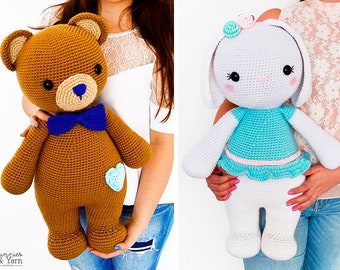 TWO CROCHET PATTERNS - Billy the Bear and Sophie the Rabbit - 21.5 in./55 cm. tall - Amigurumi Animal - Kids Gift Toy - Instant Pdf Download