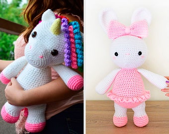 TWO CROCHET PATTERNS in English - Mimi the Friendly Unicorn and Laurie the Ballerina Bunny - Amigurumi Toy Animal - Instant Pdf Download