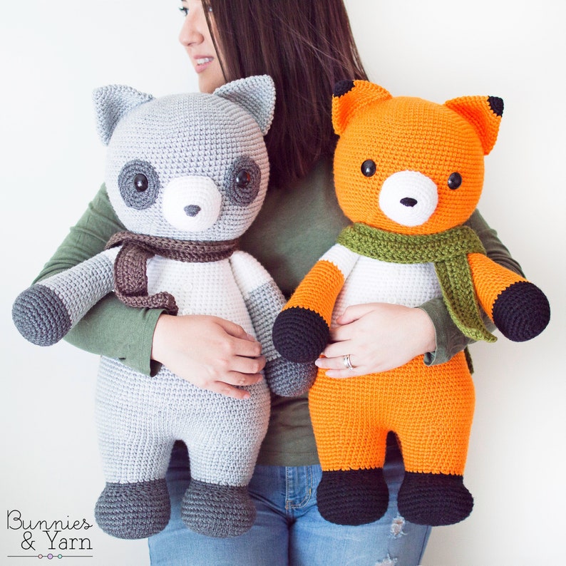 CROCHET PATTERN in English and Spanish Maurizio the Big Fox and Fabrizio the Big Raccoon 21.5 in./55 cm. tall Instant PDF Download image 1