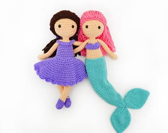 TWO Crochet Patterns in English - Mindy the Mermaid Doll and Mia the Sweet Doll - 11 in. (28 cm.) - Amigurumi Dolls - Instant PDF Download