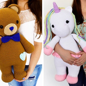 TWO CROCHET PATTERNS in English - Billy the Bear and Betsy the Unicorn - 21.5 in./55 cm. tall - Amigurumi Animal Toy - Instant Pdf Download