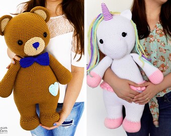 Zwei Häkelanleitungen auf Englisch – Billy der Bär und Betsy das Einhorn – 55 cm./21,5 Zoll. - Amigurumi-Spielzeug - PDF-Sofort-Download
