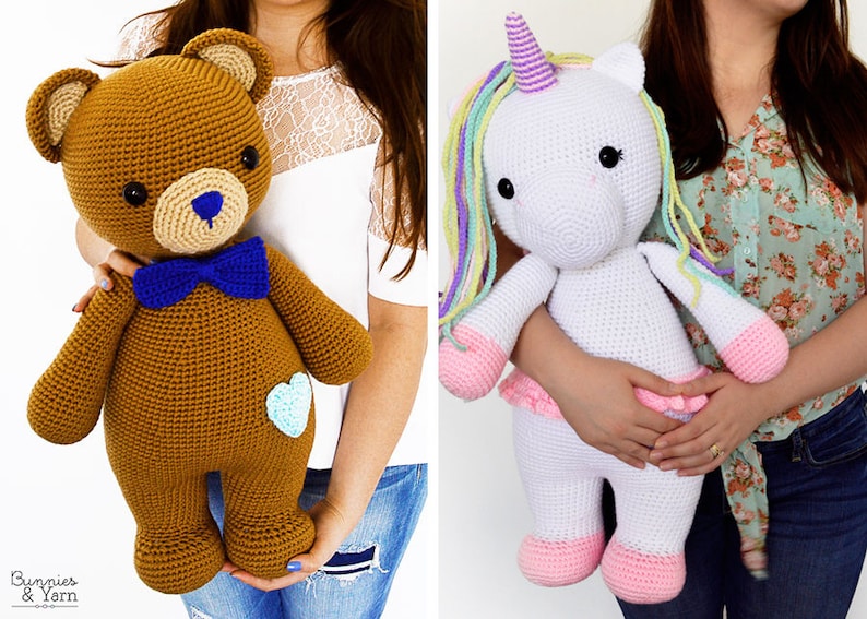 TWO CROCHET PATTERNS in English Billy the Bear and Betsy the Unicorn 21.5 in./55 cm. tall Amigurumi Animal Toy Instant Pdf Download image 1