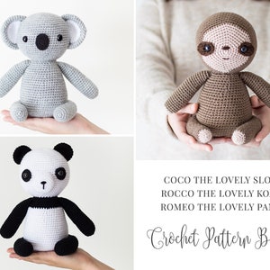 THREE CROCHET PATTERNS in English - Coco the Lovely Sloth, Rocco the Lovely Koala, Romeo the Lovely Panda - Amigurumi - Instant Pdf Download