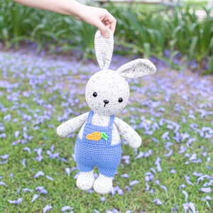 May include: A white crocheted bunny wearing blue dungarees with a carrot patch. The bunny is holding a carrot in its paws.