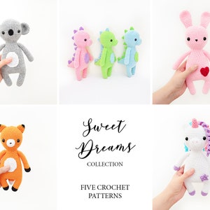 FIVE CROCHET PATTERNS in English - Unicorn, Rabbit, Dinosaur, Koala and Fox - Sweet Dreams Collection - Amigurumi - Instant Pdf Download