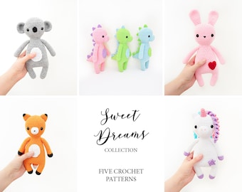 FIVE CROCHET PATTERNS in English - Unicorn, Rabbit, Dinosaur, Koala and Fox - Sweet Dreams Collection - Amigurumi - Instant Pdf Download