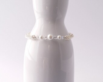 Swarovski crystal and white pearl and full persian chain maille bracelet