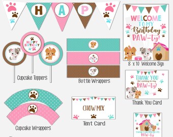 Op de afbeelding: Een printbaar feestpakket voor een puppy-thema verjaardagsfeest. Het pakket bevat cupcake toppers, cupcake wrappers, flesjes wrappers, een tentkaart, een bedankkaart, een welkomstbord en bedankkaartjes. Het ontwerp heeft een roze, blauwe en bruine kleurschema met poot afdrukken en schattige cartoon honden.