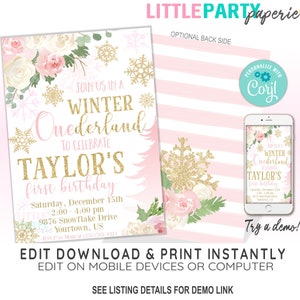 EDITABLE Winter ONEderland Invitation Template, Pink and Gold Snowflakes,First Birthday Invitation, CORJL Template, Design 19052C