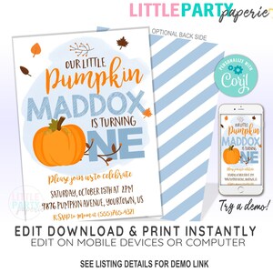 EDITABLE Pumpkin 1st Birthday Invitation Template, Little Pumpkin 1st Birthday Invitation, Boy 1st Birthday Invite, CORJL Template, 19030C