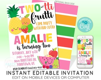 EDITABLE TWOtti Frutti Birthday Invitation Template, Twotti Frutti, Tutti Frutti, 2nd Birthaday Invitation, CORJL Template, Design 19024C