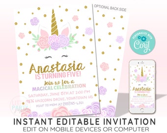 EDITABLE Unicorn Birthday Invitation Template, Magical Unicorn Invitation, Unicorn Party Printables, CORJL Template, Design 19021C