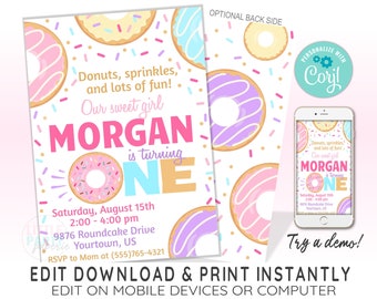 EDITABLE Donut First Birthday Invitation Template, Donut Grow Up 1st Birthday, Donut Birthaday Invitation, CORJL Template, Design 19026C