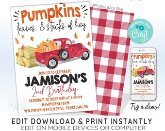 EDITABLE Pumpkin Truck Birthday Invitation Template , Pumpkin Invitation, Pumpkin Patch, Fall, Pumpkins, Red Truck, CORJL Template, 19048C
