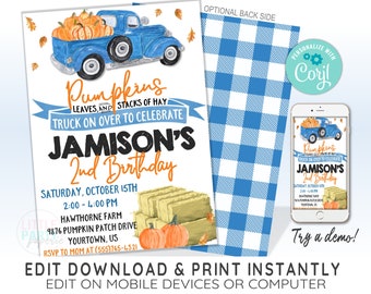 EDITABLE Pumpkin Truck Birthday Invitation Template , Pumpkin Invitation, Pumpkin Patch, Fall, Pumpkins, Blue Truck, CORJL Template, 19047C