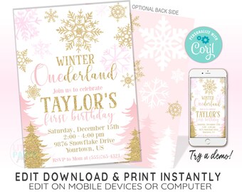 May include: A printable invitation for a winter-themed first birthday party. The invitation features a pink and white background with gold glitter snowflakes and trees. The text reads "Winter Onederland" and "Taylor's First Birthday". The date and time of the party are listed, along with the address and RSVP information.
