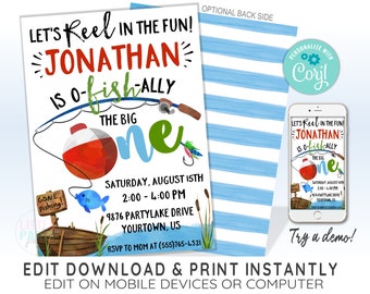 EDITABLE Fishing Birthday Invitation Template for 1st Birthday, Ofishally One, The Big ONE, Fishing Invitation, CORJL Template, 19038C