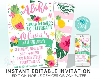 EDITABLE Aloha Birthday Invitation Template, Tropical Hawaiian Luau Party Printables, CORJL Template, Design 17044C