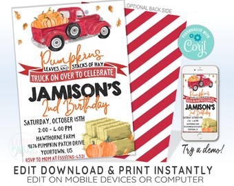 May include: Editable invitation for a 2nd birthday party with a red truck, pumpkins, and hay bales. The invitation says "Pumpkins, Leaves, and Stacks of Hay, Truck on Over to Celebrate Jamison's 2nd Birthday".
