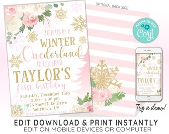 May include: Pink and gold printable invitation for a winter wonderland themed first birthday party. The invitation features a snowflake design, a winter wonderland scene, and the text "Join us in a Winter Onederland to celebrate Taylor's first birthday".
