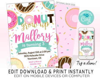 Plantilla EDITABLE de invitación de cumpleaños de donut, Donut Grow Up, invitación de cumpleaños de donut, plantilla CORJL, diseño 19027C