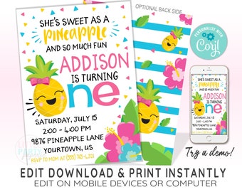 EDITABLE Pineapple 1st Birthday Invitation Template, Tropical Pineapple 1st Birthday Luau Party Invitation, CORJL Template, Design 19017C