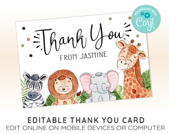EDITABLE Safari Thank You Card Template, Jungle Safari Thank You Card, Greenery, CORJL Template, Design 20015C
