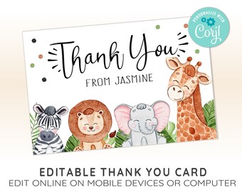 Plantilla EDITABLE de tarjeta de agradecimiento Safari, tarjeta de agradecimiento Jungle Safari, vegetación, plantilla CORJL, diseño 20015C