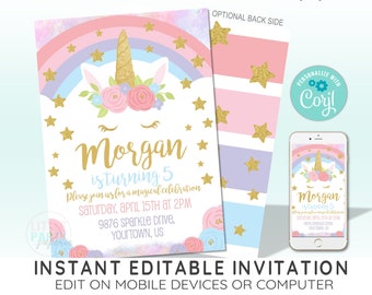 EDITABLE Unicorn Pastel Rainbow Birthday Invitation Template with Gold Glitter, Unicorn Party Printables, CORJL Template, Design 19023C