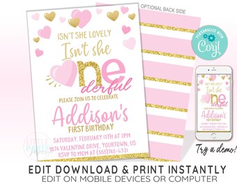 Plantilla EDITABLE de Invitación de 1er Cumpleaños de San Valentín, Onederful, Corazones Rosados y Dorados, Primer Cumpleaños, Plantilla CORJL, Diseño 22001C