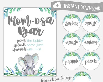 Elephant Mimosa Bar Sign and Tags, Elephant Mimosa Bar, Baby Shower Mimosa Bar, Boy Baby Shower, Printable, INSTANT DOWNLOAD, Design 18047