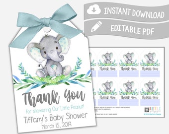 May include: Editable blue and gray elephant baby shower thank you tags with the text "Thank you for showering our little peanut! Tiffany's Baby Shower March 15, 2019".