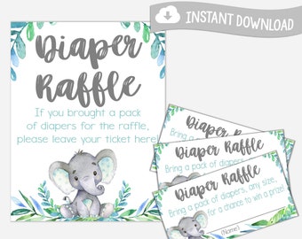 Elephant Diaper Raffle, Diaper Raffle Ticket, Baby Shower Diaper Raffle, Boy Baby Shower, Printable, INSTANT DOWNLOAD, Design 18047