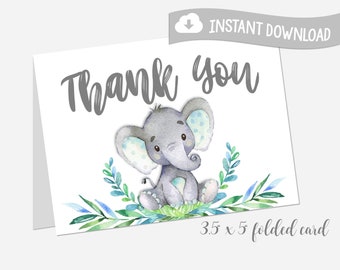 Elephant Thank You Card, Blue Elephant Thank You Card, Boy Baby Shower, Baby Boy Thank You Card, Printable, INSTANT DOWNLOAD, Design 18047