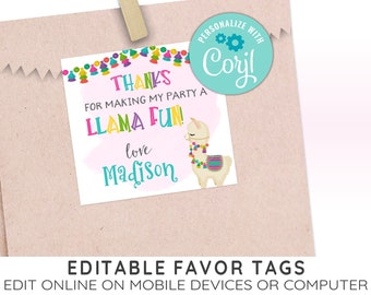Editable LLAMA Favor Tags - Thank You Tags, Llama Birthday Party Printables, EDITABLE Llama Template, CORJL Template, Design 19011C