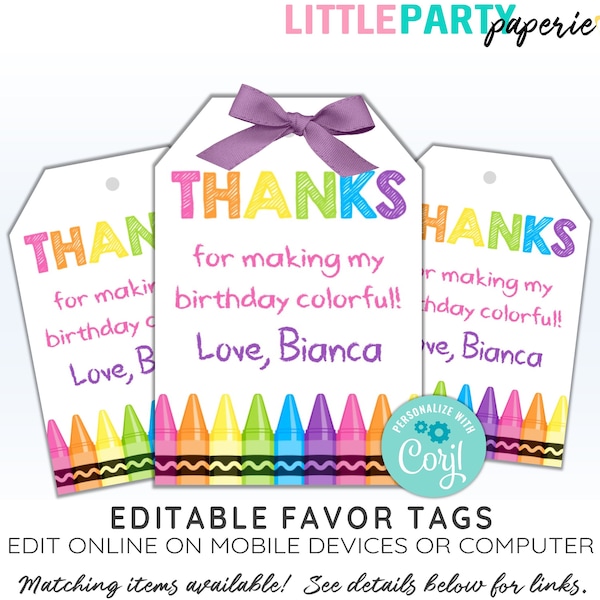 Editable CRAYON Favor Tags for Girls, Crayon Thank You Tags, Editable Crayon Template, Crayons, Rainbow, CORJL Template, Design 19013C