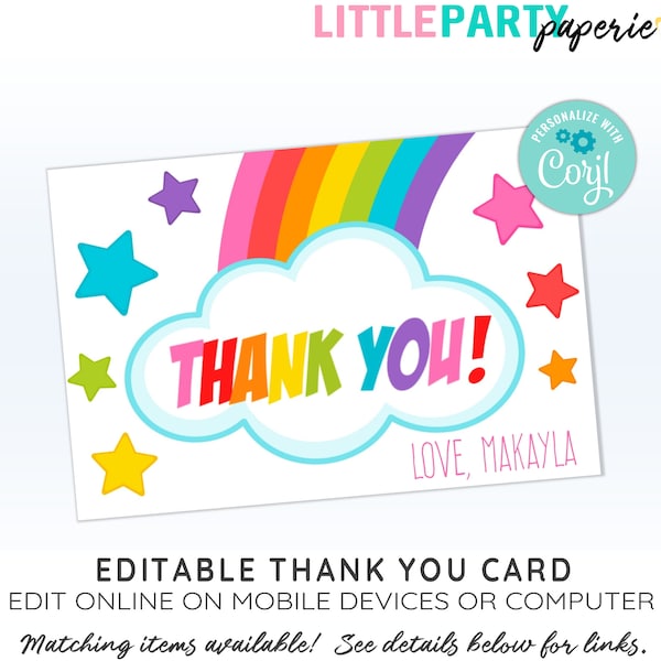 Bearbeitbare REGENBOGEN Dankeskarten, Regenbogen Ausdrucke, EDITIERBARE Regenbogen Vorlage, CORJL Vorlage, Design 19005C