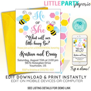 EDITABLE Bee Gender Reveal Invitation Template, Gender Reveal Invitation, What Will Baby Bee, CORJL Invitation Template, Design 19025C image 1