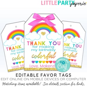 EDITABLE RAINBOW Favor Tags, Rainbow Thank You Tags, Rainbow Tags, Rainbows and Hearts, CORJL Template, Design 19016C image 1