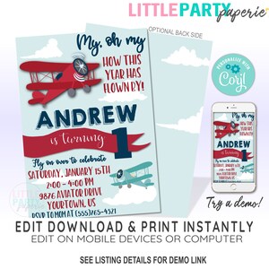 EDITABLE Airplane Birthday Invitation Template, Airplane Invitation, Vintage Airplane, CORJL Template, Design 19014C